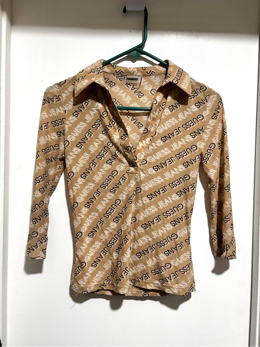 Guess Tan Logo-Print Long Sleeve Button-Down Shirt